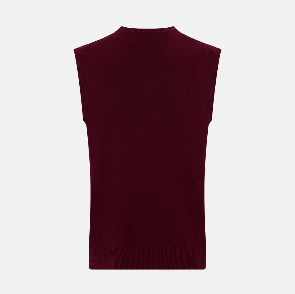 The Turnbull & Asser Burgundy Cashmere Round Neck Vest is a sleeveless jumper with a high crew neckline, shown against a plain white background.