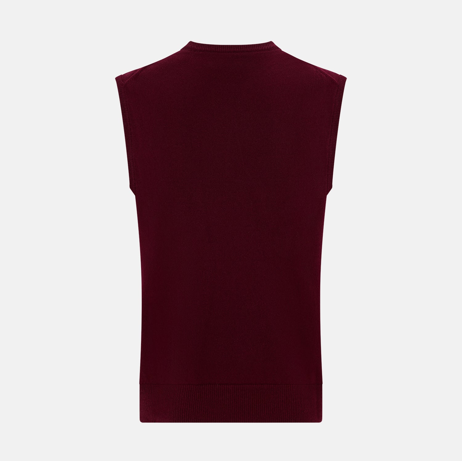 View 3 of product The Turnbull & Asser Burgundy Cashmere Round Neck Vest is a sleeveless jumper with a high crew neckline, shown against a plain white background.