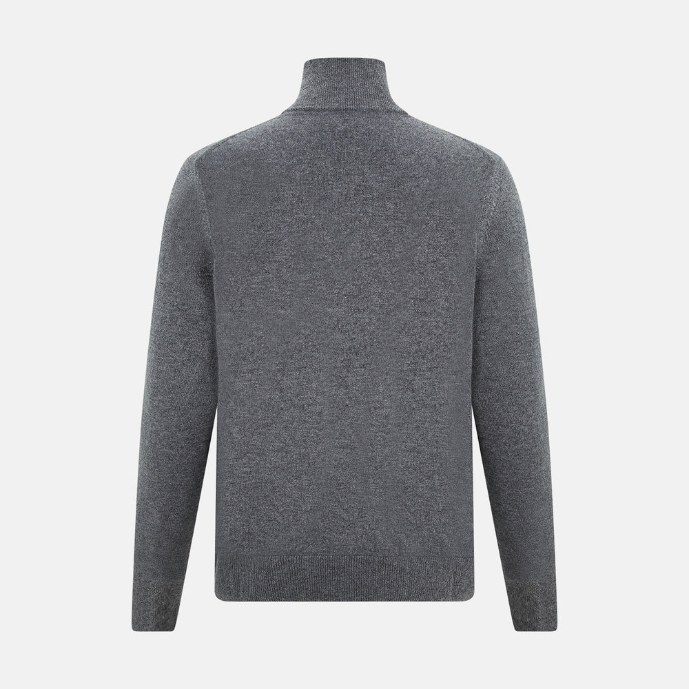 The Turnbull & Asser Slate Grey Melange Half-Zip Cashmere Jumper features a high collar and long sleeves, crafted from premium knitwear, and is shown against a plain white background.