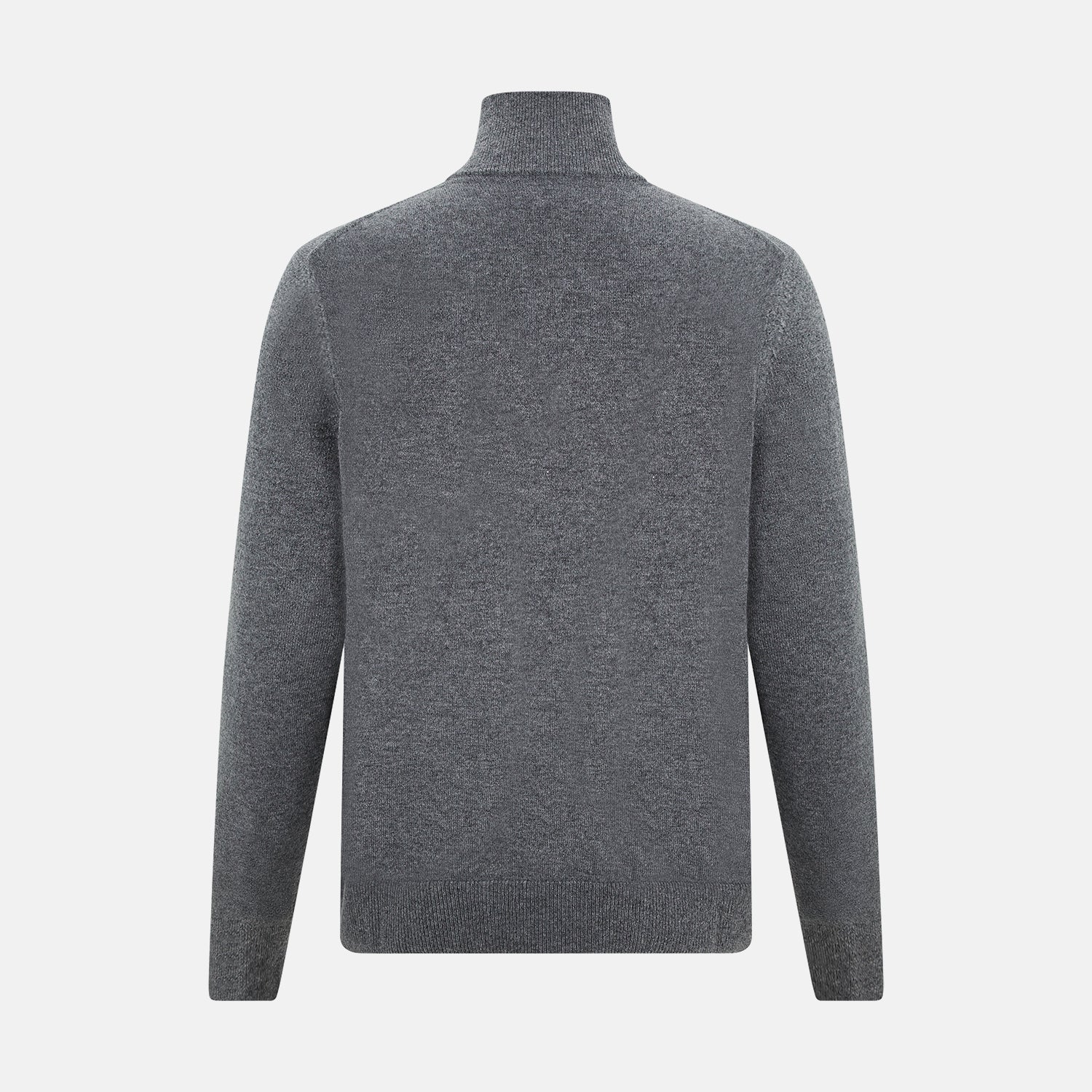 View 3 of product The Turnbull & Asser Slate Grey Melange Half-Zip Cashmere Jumper features a high collar and long sleeves, crafted from premium knitwear, and is shown against a plain white background.