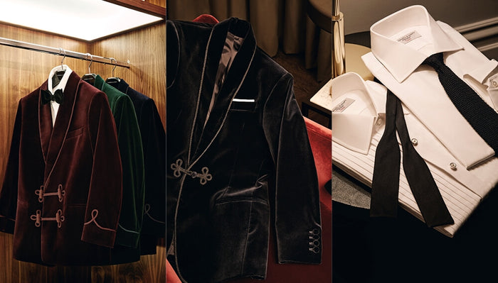 Three images: velvet tuxedo jackets in burgundy and green hang in a wood closet; a black velvet jacket with satin trim is displayed; white dress shirts and black ties are neatly arranged on a table.
