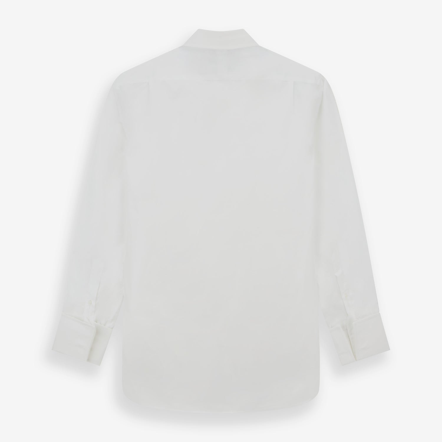 View 5 of product The Turnbull & Asser White Sea Island Quality Cotton Shirt features a T&A collar, double cuffs, and long sleeves, displayed against a white background.