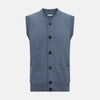 View 1 of product The Blue Melange Cashmere Sleeveless Cardigan by Turnbull & Asser features a V-neck, button-up front, ribbed collar and hem, and two front pockets, shown on a plain white background.