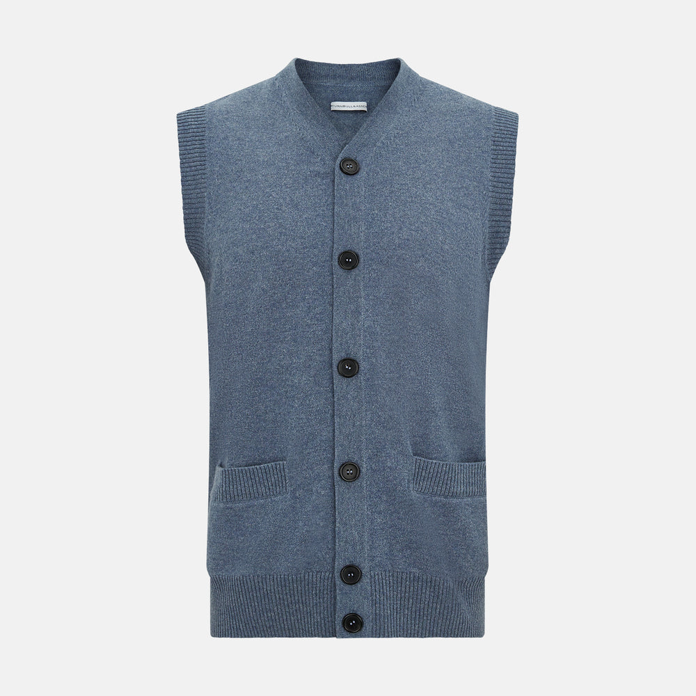 The Blue Melange Cashmere Sleeveless Cardigan by Turnbull & Asser features a V-neck, button-up front, ribbed collar and hem, and two front pockets, shown on a plain white background.