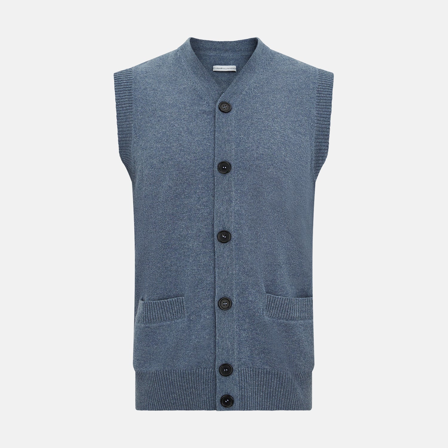 View 1 of product The Blue Melange Cashmere Sleeveless Cardigan by Turnbull & Asser features a V-neck, button-up front, ribbed collar and hem, and two front pockets, shown on a plain white background.