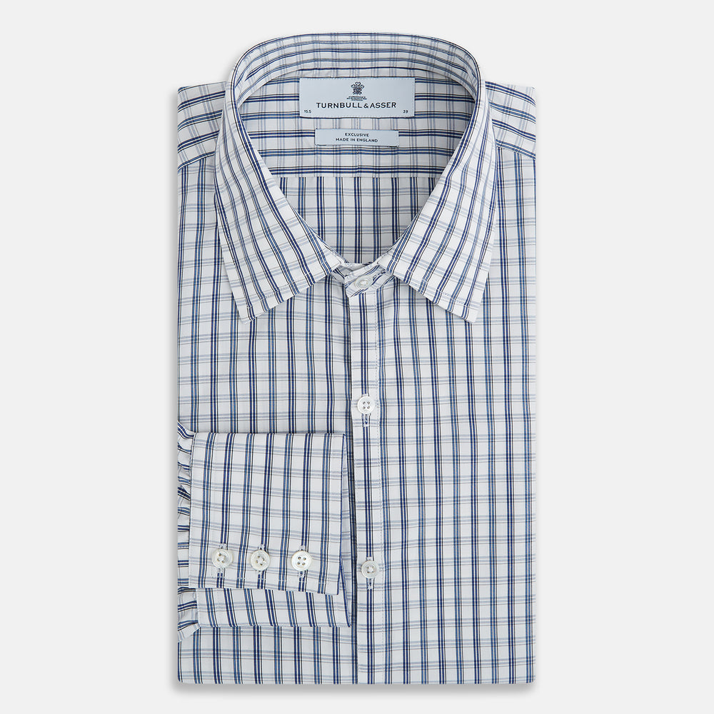 The Azzurro Multi Check Westminster Shirt by Turnbull & Asser is a long-sleeve, button-up with a white base and blue and gray checks, displayed flat against a white background.