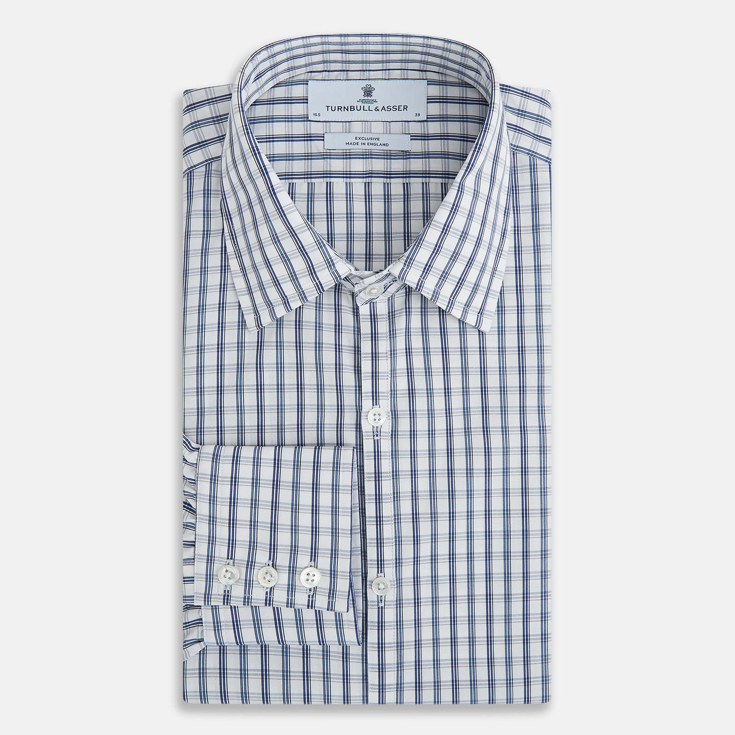View 5 of product The Azzurro Multi Check Westminster Shirt by Turnbull & Asser is a long-sleeve, button-up with a white base and blue and gray checks, displayed flat against a white background.