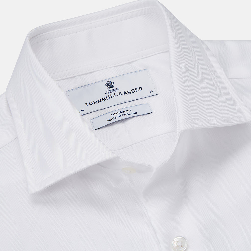 The Turnbull & Asser White Herringbone Tailored Fit Shirt with a Kent collar is displayed against a white background.