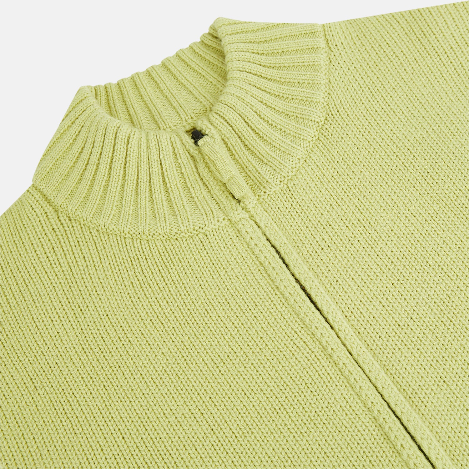 View 2 of product The Melon Green Merino High Neck Zipped Cardigan by Turnbull & Asser features long sleeves and ribbed collar, cuffs, and hem, shown on a plain white background.
