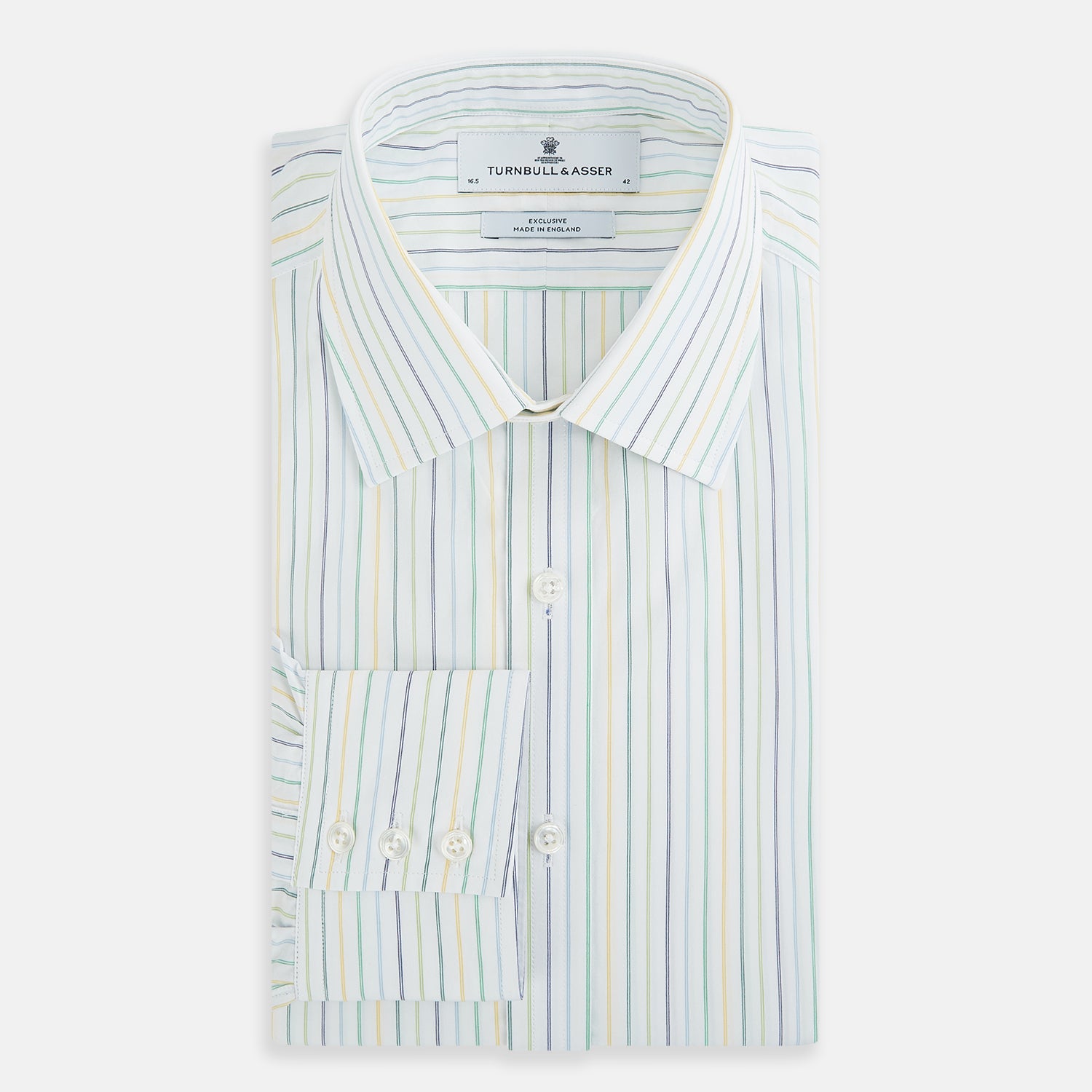 View 5 of product The Turnbull & Asser Multi Tone Double Pinstripe Mayfair Shirt is a long-sleeve pure cotton shirt with a collar and thin blue, green, and yellow double pinstripes on a white background.