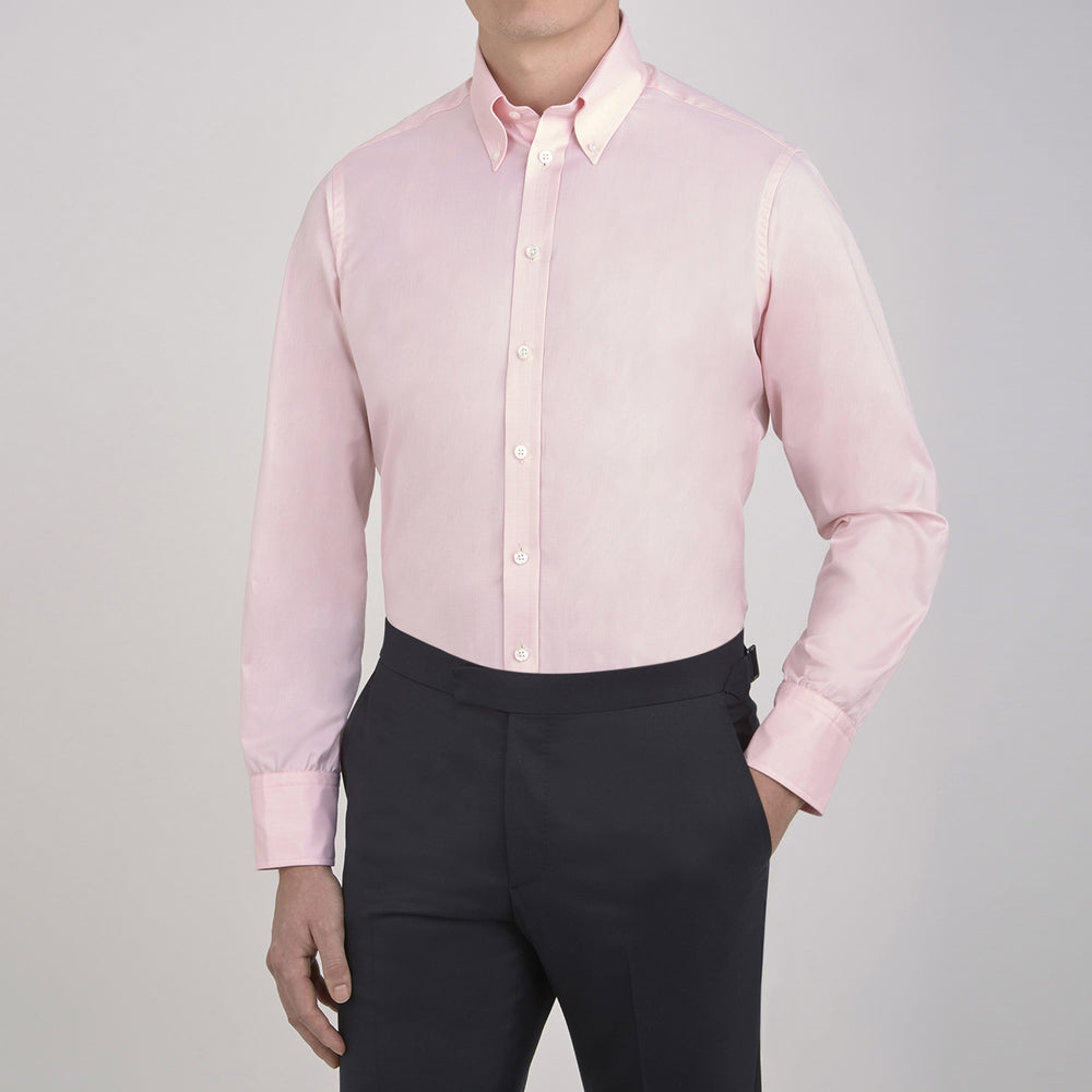 The Turnbull & Asser Pink Royal Oxford Cotton Shirt features a button-down collar and 3-button cuffs, ideal for men's weekend wear. Displayed against a plain white background.