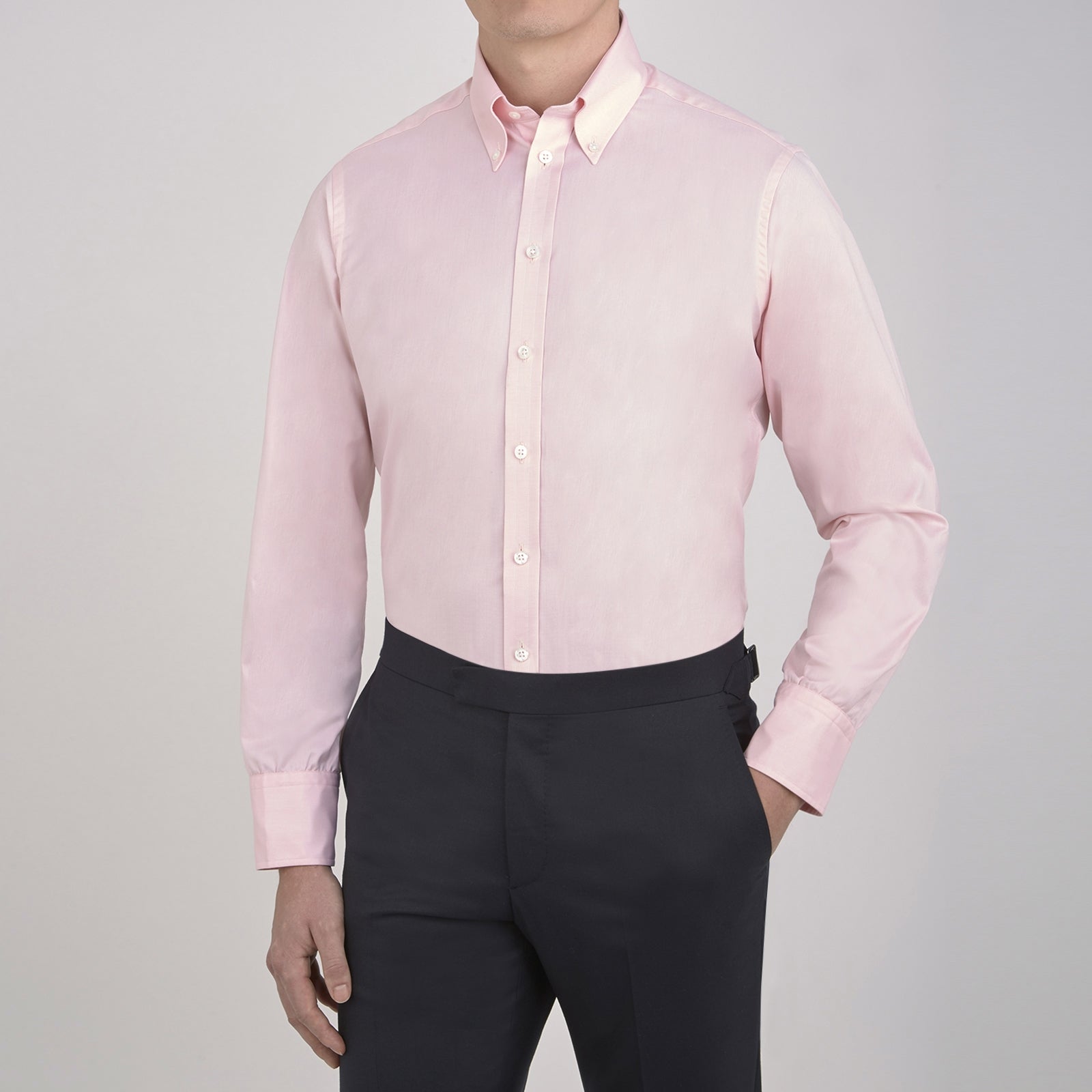 View 5 of product The Turnbull & Asser Pink Royal Oxford Cotton Shirt features a button-down collar and 3-button cuffs, ideal for men's weekend wear. Displayed against a plain white background.