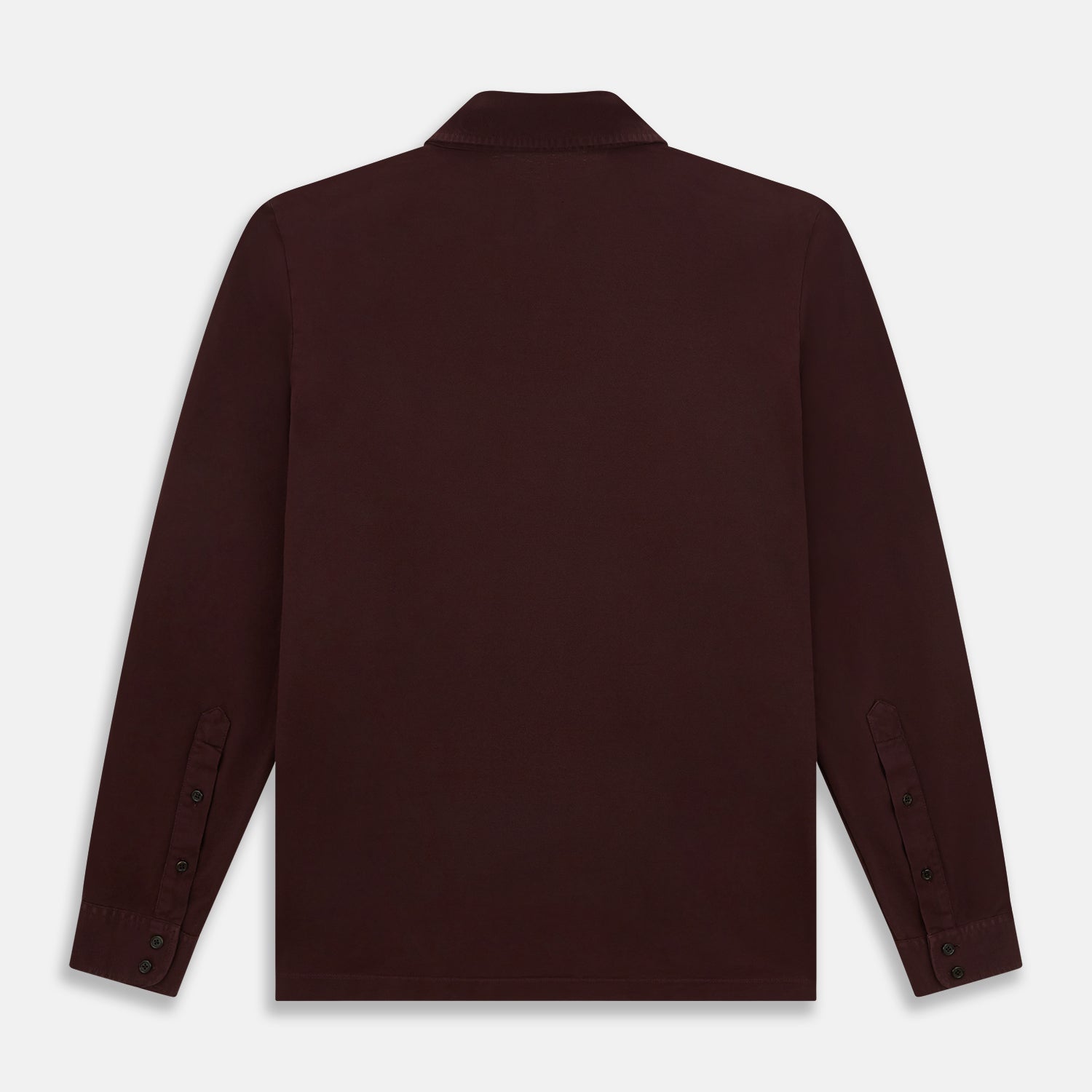 View 3 of product The Turnbull & Asser Burgundy Rugby Polo Shirt is a long-sleeve, pure cotton collared top with no visible buttons, shown laid flat on a white background.