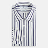 View 5 of product The Navy Double Stripe Mayfair Shirt by Turnbull & Asser features classic long sleeves, buttoned cuffs, a collar, and a slightly curved hem with timeless vertical navy and white stripes.