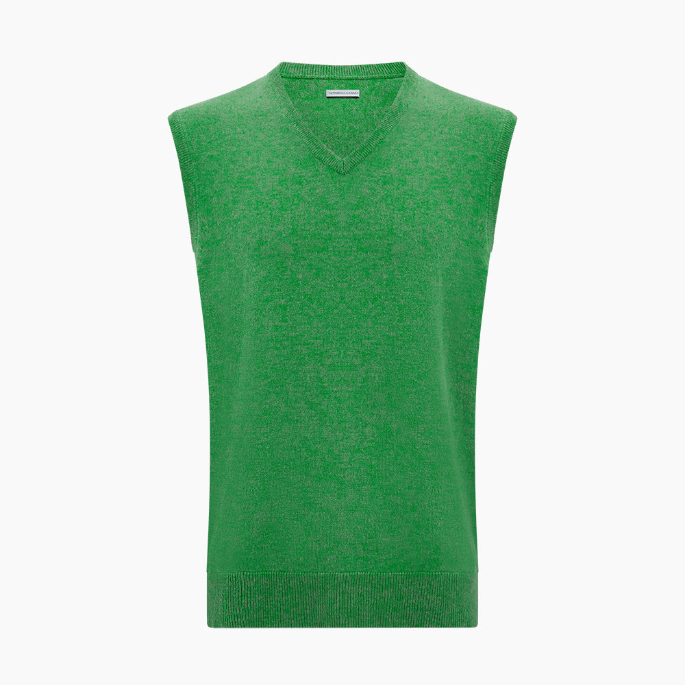 The Turnbull & Asser Fern Green V-neck Sleeveless Vest features a ribbed hem and is perfect for elegant ensembles, presented against a plain white background.