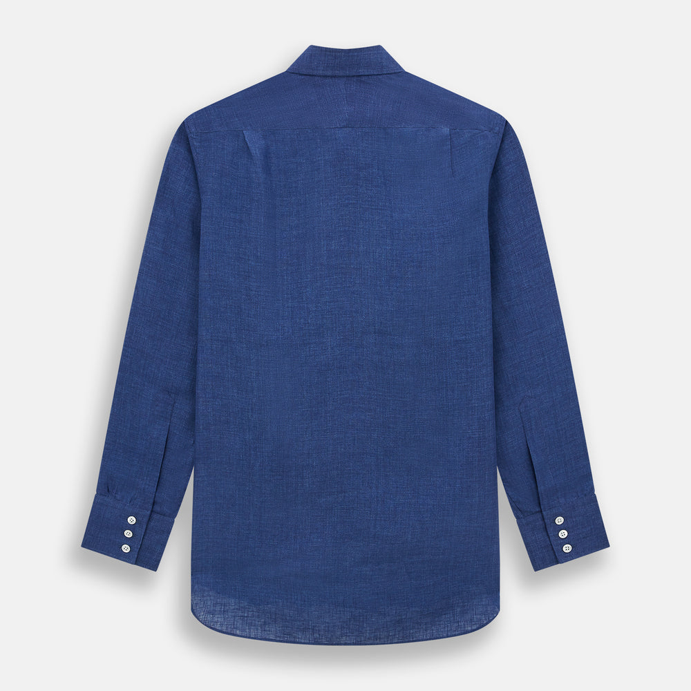 The Turnbull & Asser Navy Linen Mayfair Shirt features long sleeves, a button-up front with white buttons, pointed collar, buttoned cuffs, and a classic fit in solid dark blue linen, shown on a white background.