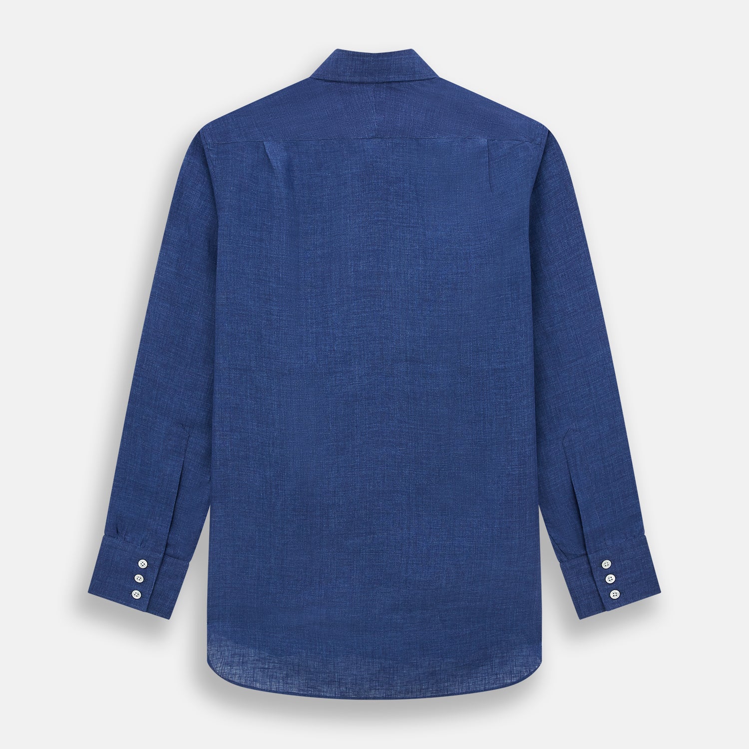 View 3 of product The Turnbull & Asser Navy Linen Mayfair Shirt features long sleeves, a button-up front with white buttons, pointed collar, buttoned cuffs, and a classic fit in solid dark blue linen, shown on a white background.