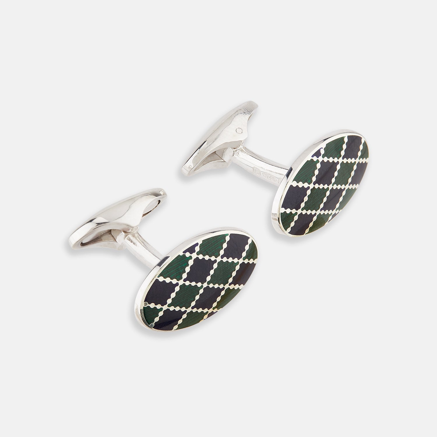 View 1 of product Turnbull & Asser's Forest Green and Navy Checkered Oval Enamel Cufflinks showcase masculine elegance with a sophisticated oval design and striking checkered enamel face.