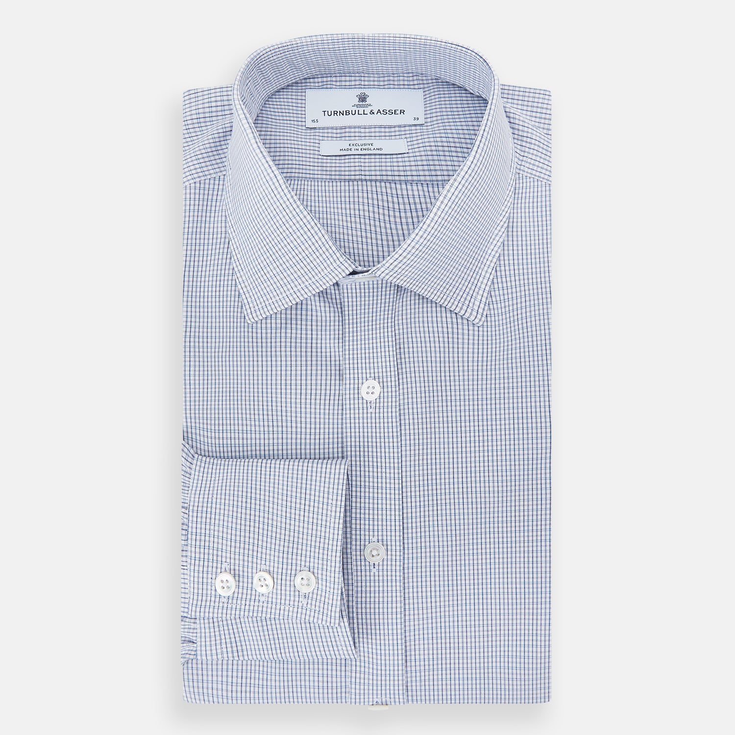View 5 of product The Turnbull & Asser Blue Micro Graph Check Mayfair Shirt features long sleeves, a subtle check pattern, T&A collar, and buttoned cuffs, shown laid flat on a white background.