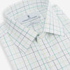 View 2 of product The Turnbull & Asser Dark Green Grid Check Mayfair Shirt features a white base with blue and dark green checks, a classic T&A collar, buttoned cuffs, and a Mayfair fit. The long-sleeve shirt is shown laid flat on a white background.