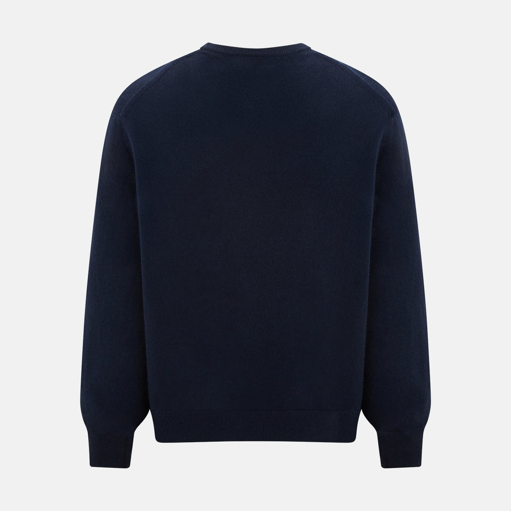 The Turnbull & Asser Navy Cashmere V-neck Jumper features long sleeves with ribbed cuffs and hem, shown against a white background.