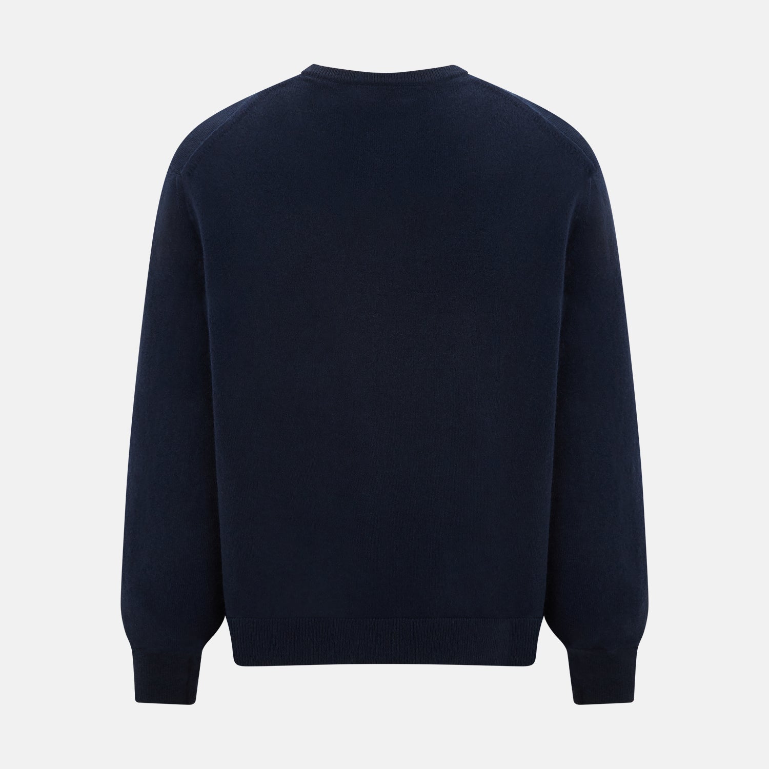 View 3 of product The Turnbull & Asser Navy Cashmere V-neck Jumper features long sleeves with ribbed cuffs and hem, shown against a white background.