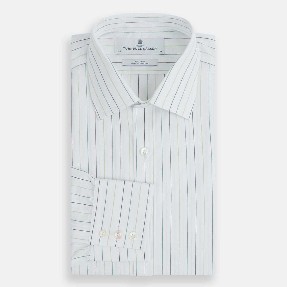 A Green Wide Pinstripe Mayfair Shirt by Turnbull & Asser, featuring long sleeves, a button-up front, and a T&A collar, is shown flat on a white background.