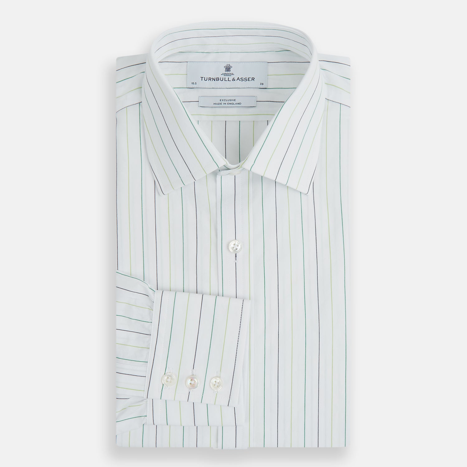 View 5 of product A Green Wide Pinstripe Mayfair Shirt by Turnbull & Asser, featuring long sleeves, a button-up front, and a T&A collar, is shown flat on a white background.