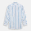 View 3 of product The Turnbull & Asser Blue Multi Stripe Mayfair Shirt features a T&A collar, vertical blue and white stripes, long sleeves, and a crisp Mayfair fit for a refined look.