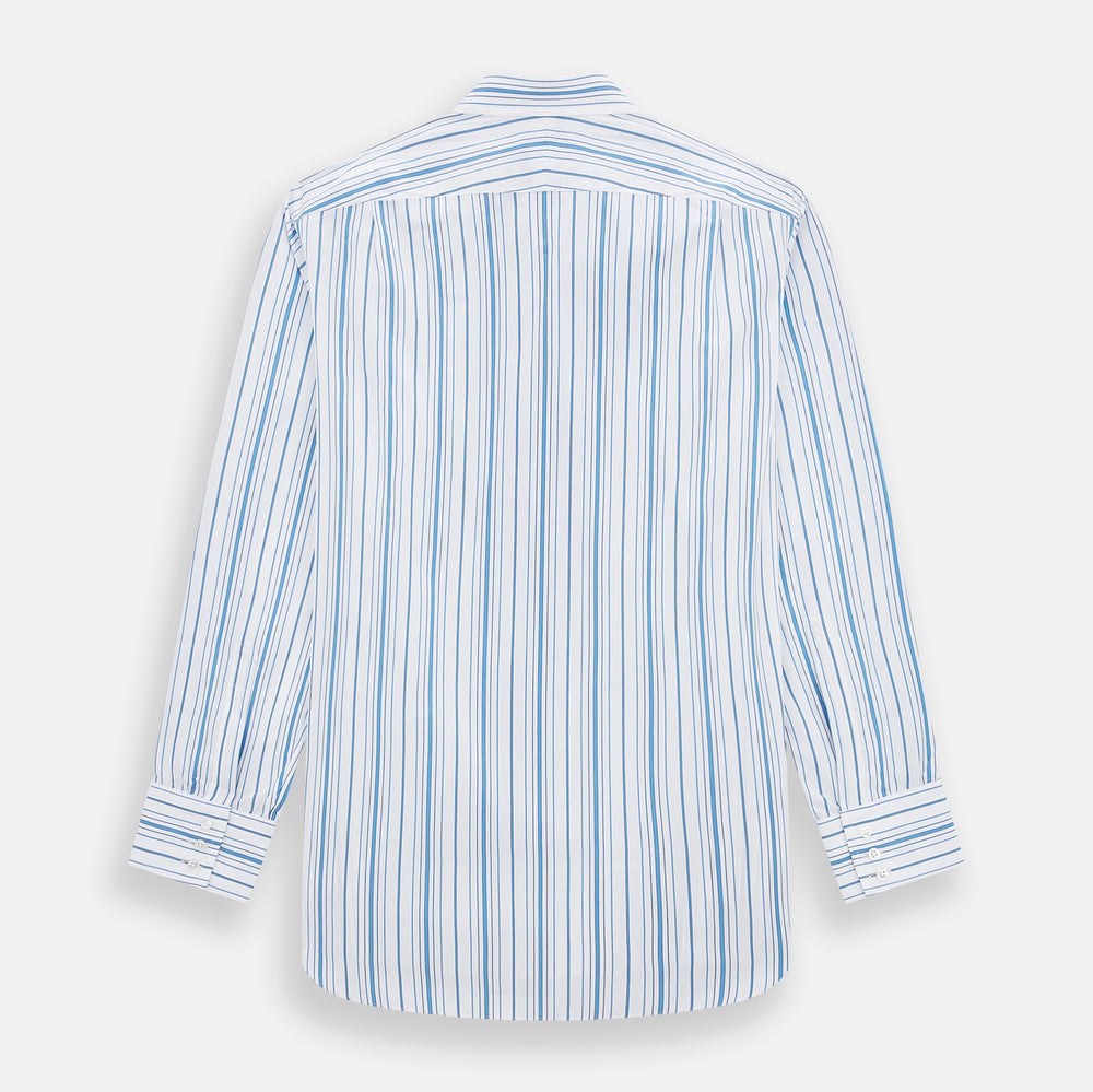 The Turnbull & Asser Blue Multi Stripe Mayfair Shirt features a T&A collar, vertical blue and white stripes, long sleeves, and a crisp Mayfair fit for a refined look.