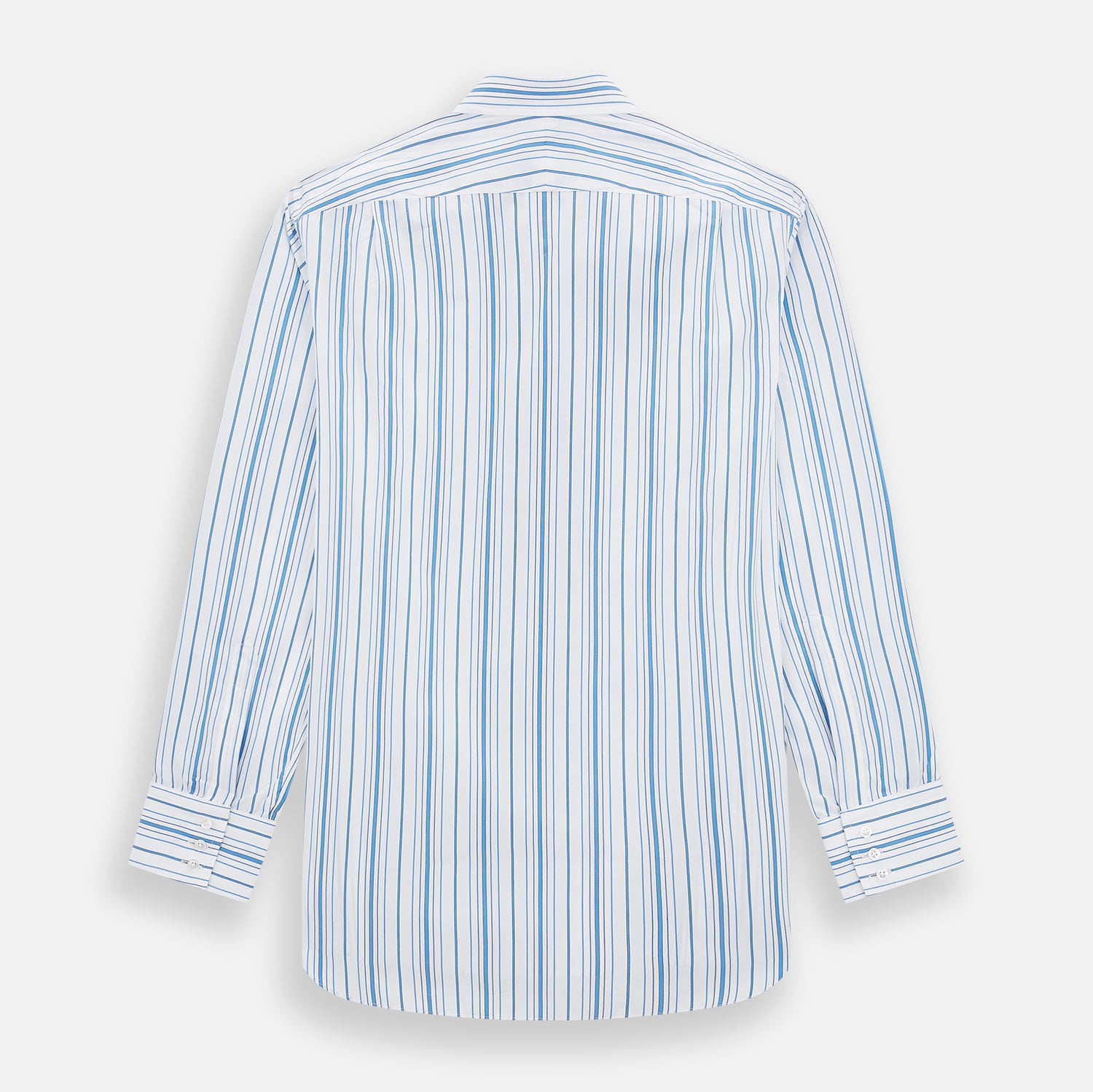 View 3 of product The Turnbull & Asser Blue Multi Stripe Mayfair Shirt features a T&A collar, vertical blue and white stripes, long sleeves, and a crisp Mayfair fit for a refined look.