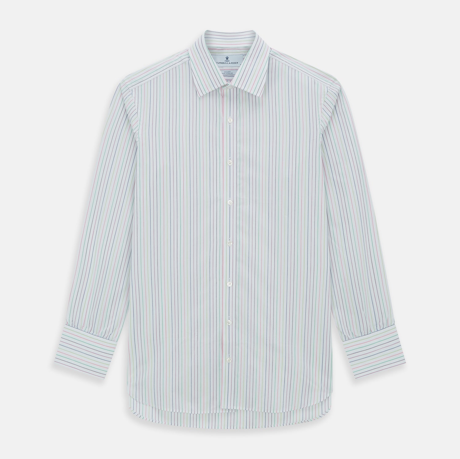 View 1 of product The Turnbull & Asser Multicoloured Double Pinstripe Mayfair Shirt, made from organic cotton, features thin blue, green, and pink stripes on white and is displayed laid flat on a white surface.