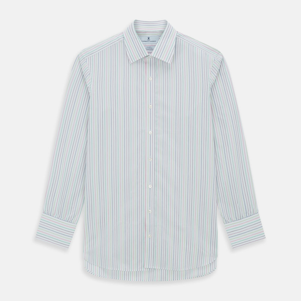 The Turnbull & Asser Multicoloured Double Pinstripe Mayfair Shirt, made from organic cotton, features thin blue, green, and pink stripes on white and is displayed laid flat on a white surface.