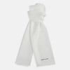 View 1 of product The Turnbull & Asser White Silk Scarf features fringed edges and discreet black branding in the corner, making it a refined accessory for tuxedo jackets or formal wear. Presented neatly folded on a plain white background.