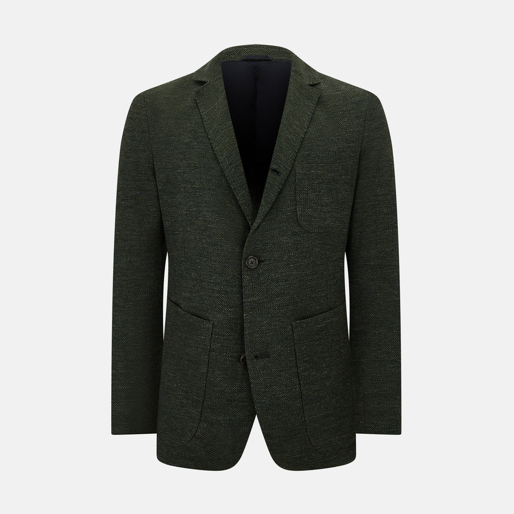 The Turnbull & Asser Forest Green Linen Blend Cambridge Blazer features British tailoring with notch lapels, two front buttons, a chest pocket, and two lower pockets, displayed on a plain white background.