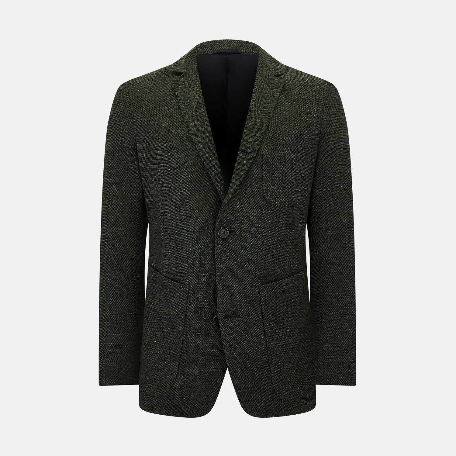 View 1 of product The Turnbull & Asser Forest Green Linen Blend Cambridge Blazer features British tailoring with notch lapels, two front buttons, a chest pocket, and two lower pockets, displayed on a plain white background.