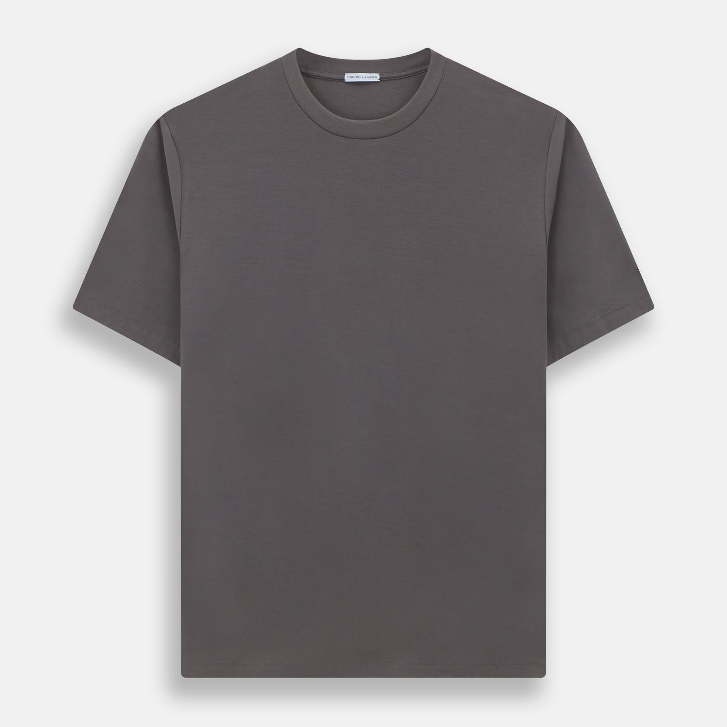 View 1 of product The Turnbull & Asser Shadow Grey Short-Sleeve T-shirt, featuring a classic crew neck and minimalist design with no visible logos, is laid flat on a white background—an ideal versatile staple for everyday wear.