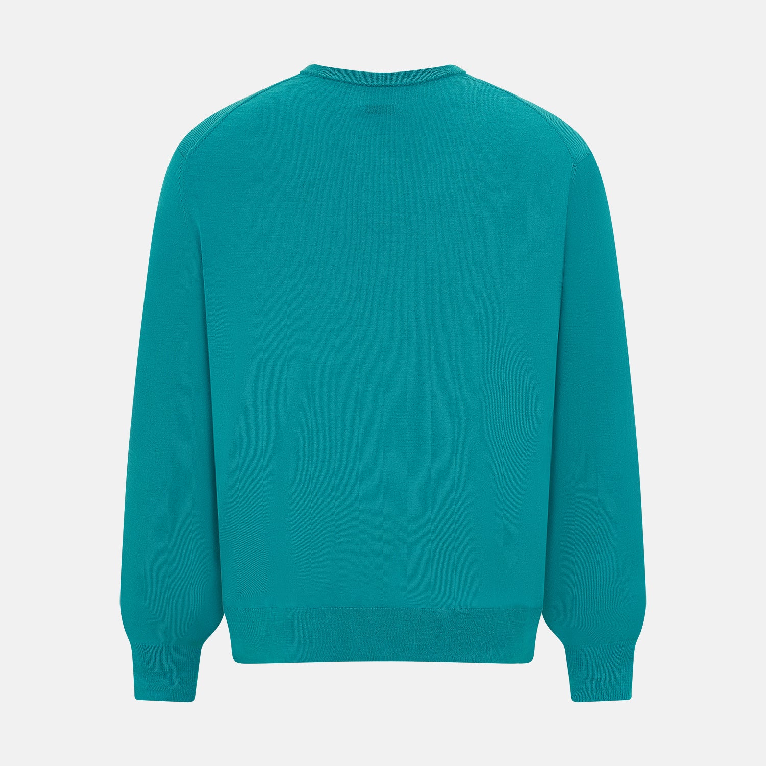 View 3 of product The Turnbull & Asser Turquoise Fine Merino V-Neck Jumper features long sleeves, ribbed cuffs and waistband, shown on a white background—a timeless choice for classic knitwear enthusiasts.