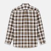 View 5 of product The Turnbull & Asser Brown Multi Check Linen Weekend Fit Hayne Shirt is a long-sleeve, button-up with a Dorset collar and buttoned cuffs, shown flat on a white background. It features a classic plaid pattern.