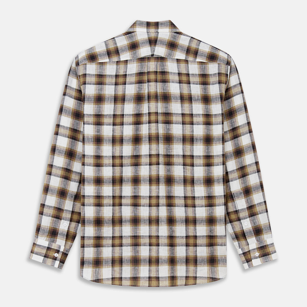 The Turnbull & Asser Brown Multi Check Linen Weekend Fit Hayne Shirt is a long-sleeve, button-up with a Dorset collar and buttoned cuffs, shown flat on a white background. It features a classic plaid pattern.