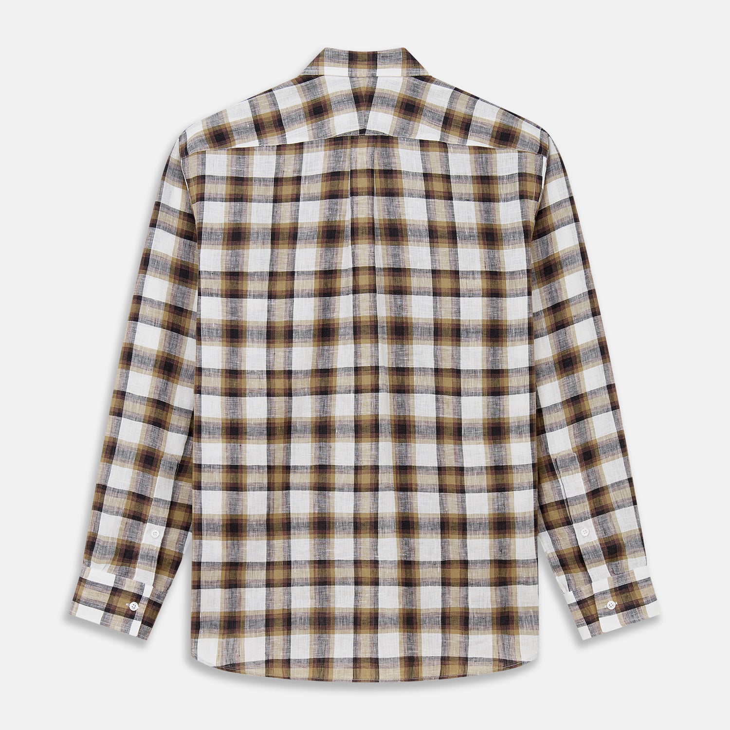 View 5 of product The Turnbull & Asser Brown Multi Check Linen Weekend Fit Hayne Shirt is a long-sleeve, button-up with a Dorset collar and buttoned cuffs, shown flat on a white background. It features a classic plaid pattern.