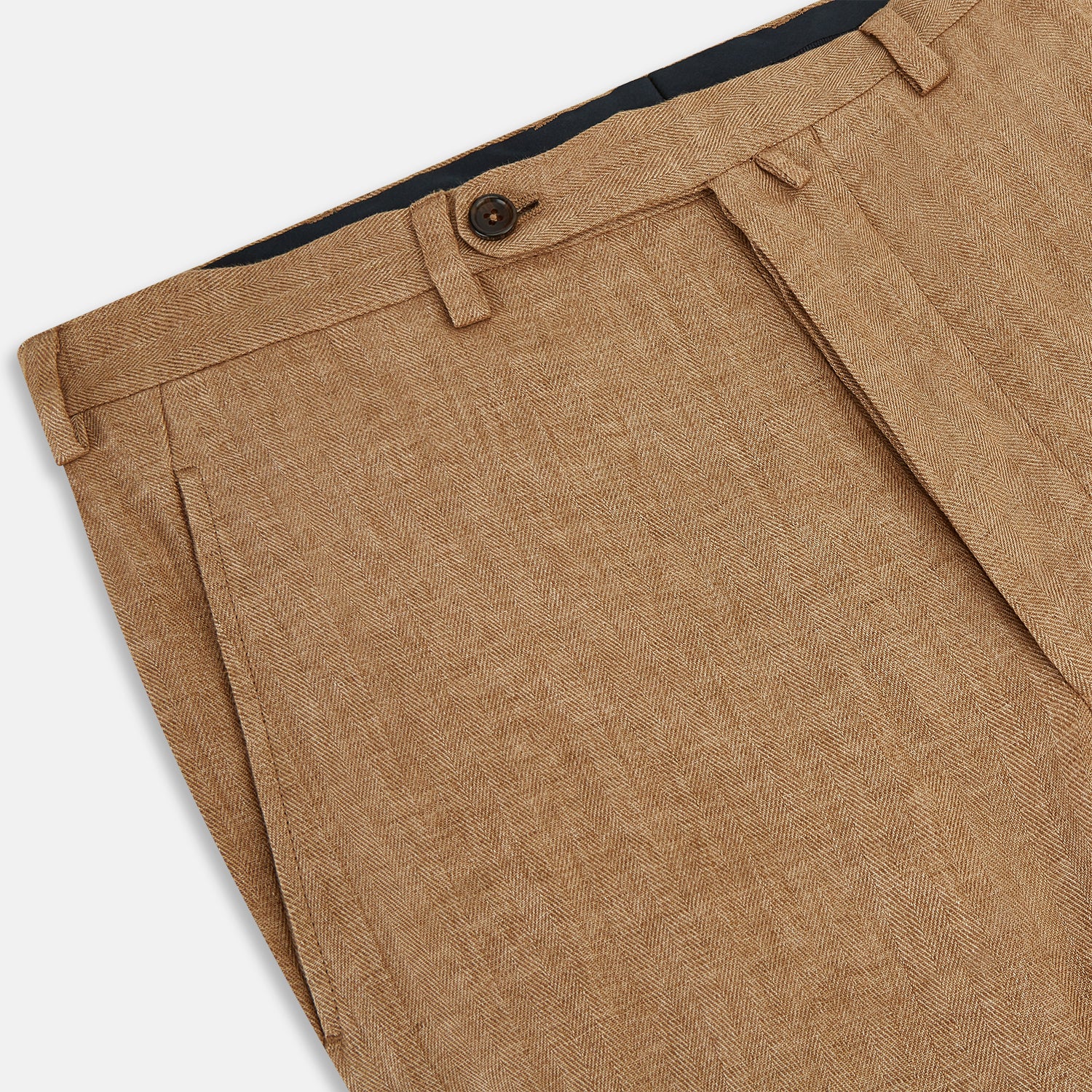 View 2 of product The Turnbull & Asser Camel Striped Linen Edmund trousers feature a straight-leg fit, button and zipper closure, belt loops, and pockets, crafted from lightweight summer fabric and shown against a white background.
