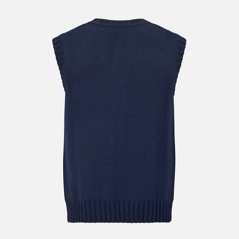 The NAVY MERINO V-NECK SLEEVELESS CARDIGAN by Turnbull & Asser features a button-down front, ribbed edges, and two front pockets—an elegant layering piece for stylish menswear.