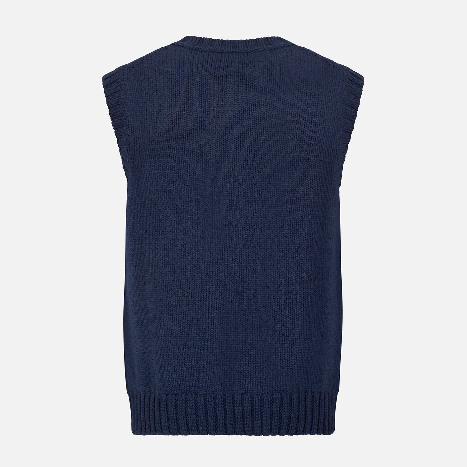 View 3 of product The NAVY MERINO V-NECK SLEEVELESS CARDIGAN by Turnbull & Asser features a button-down front, ribbed edges, and two front pockets—an elegant layering piece for stylish menswear.