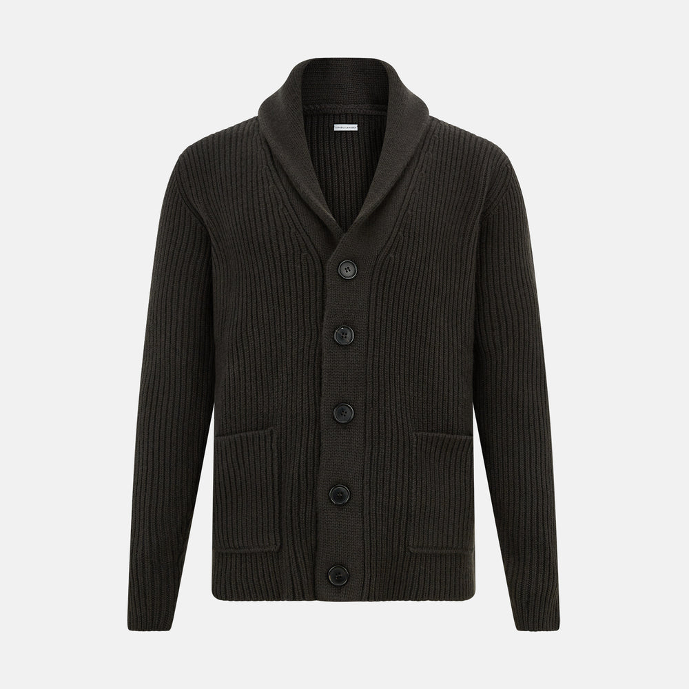 The Turnbull & Asser Dark Brown Cashmere Shawl Collar Cardigan features a ribbed knit, five black front buttons, and two front pockets, highlighting handcrafted quality against a white background.