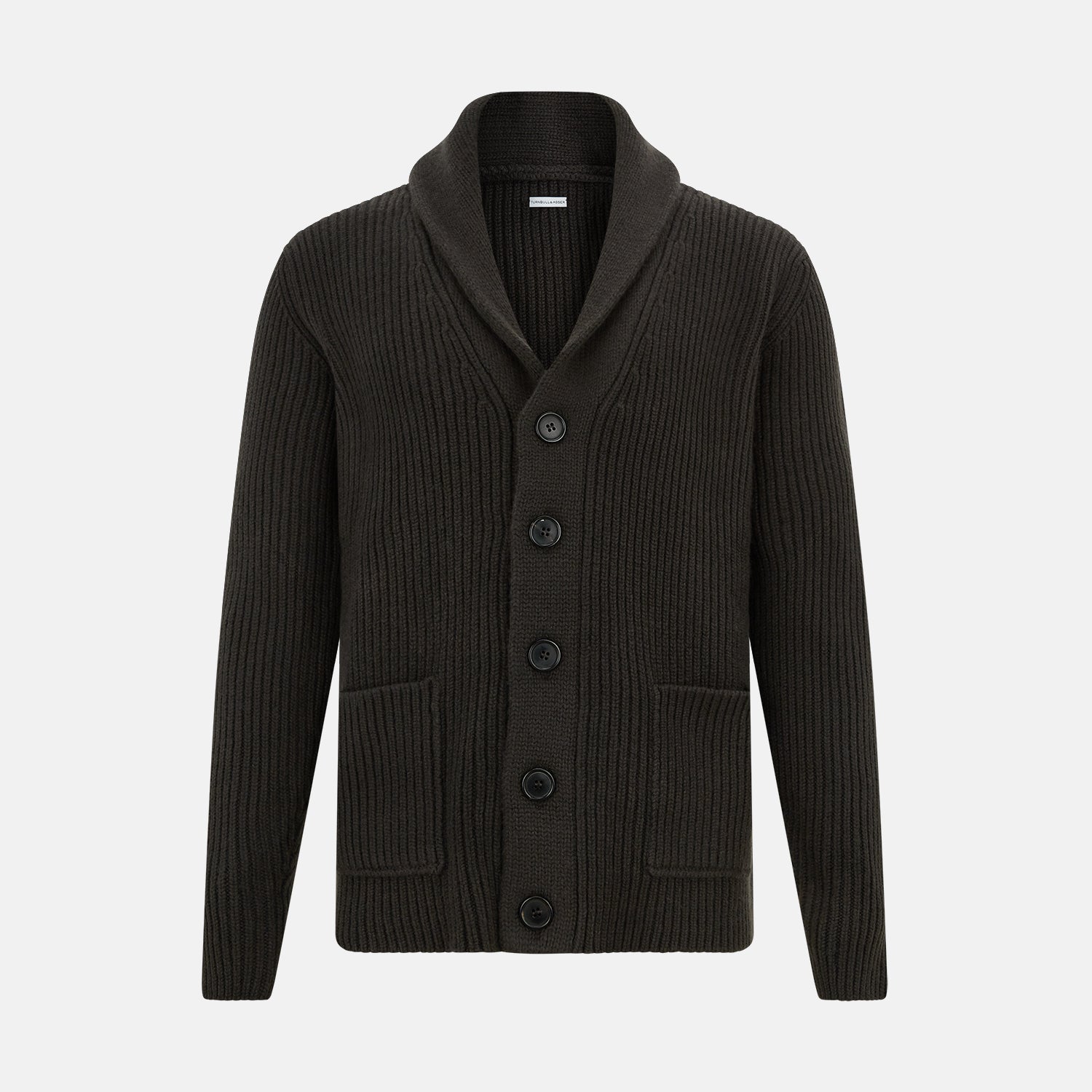 View 1 of product The Turnbull & Asser Dark Brown Cashmere Shawl Collar Cardigan features a ribbed knit, five black front buttons, and two front pockets, highlighting handcrafted quality against a white background.
