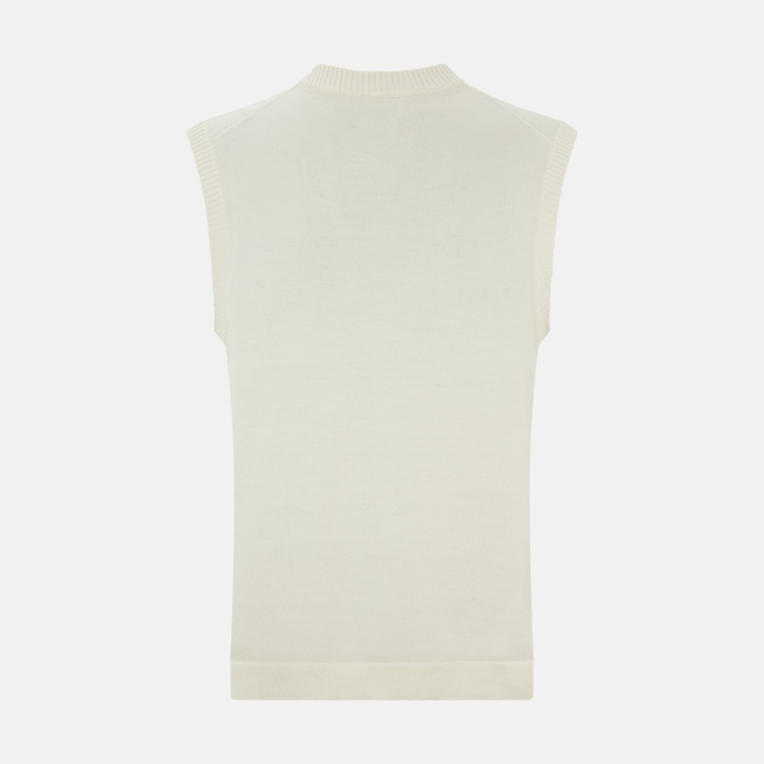 View 3 of product The Ecru Fine Merino V-Neck Vest by Turnbull & Asser is a sleeveless gentleman’s sweater with ribbed edges in cream knit, shown against a plain white background.