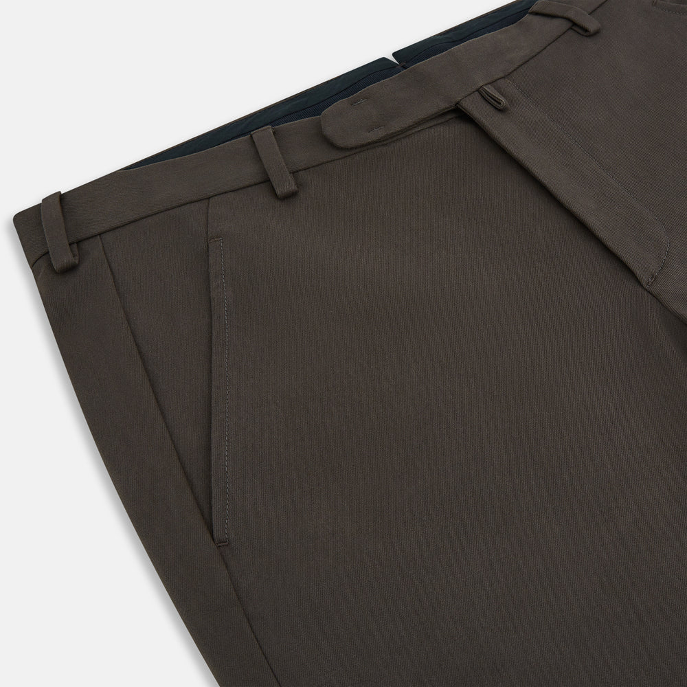 A pair of moss green Henry B trousers by Turnbull & Asser, crafted from Italian cotton with a straight-leg cut, belt loops, and a flat front, displayed against a plain white background.