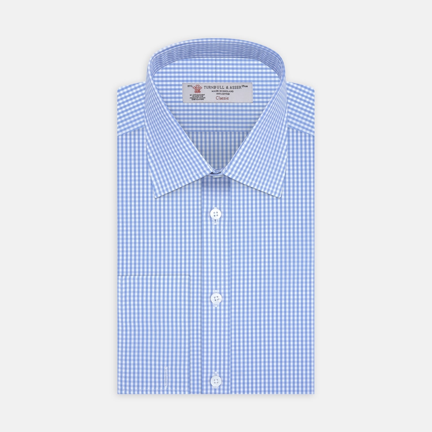 View 1 of product The Turnbull & Asser Blue and White Check Shirt features a T & A collar, double cuff, small check pattern, and white buttons—crafted from soft cotton for timeless style.