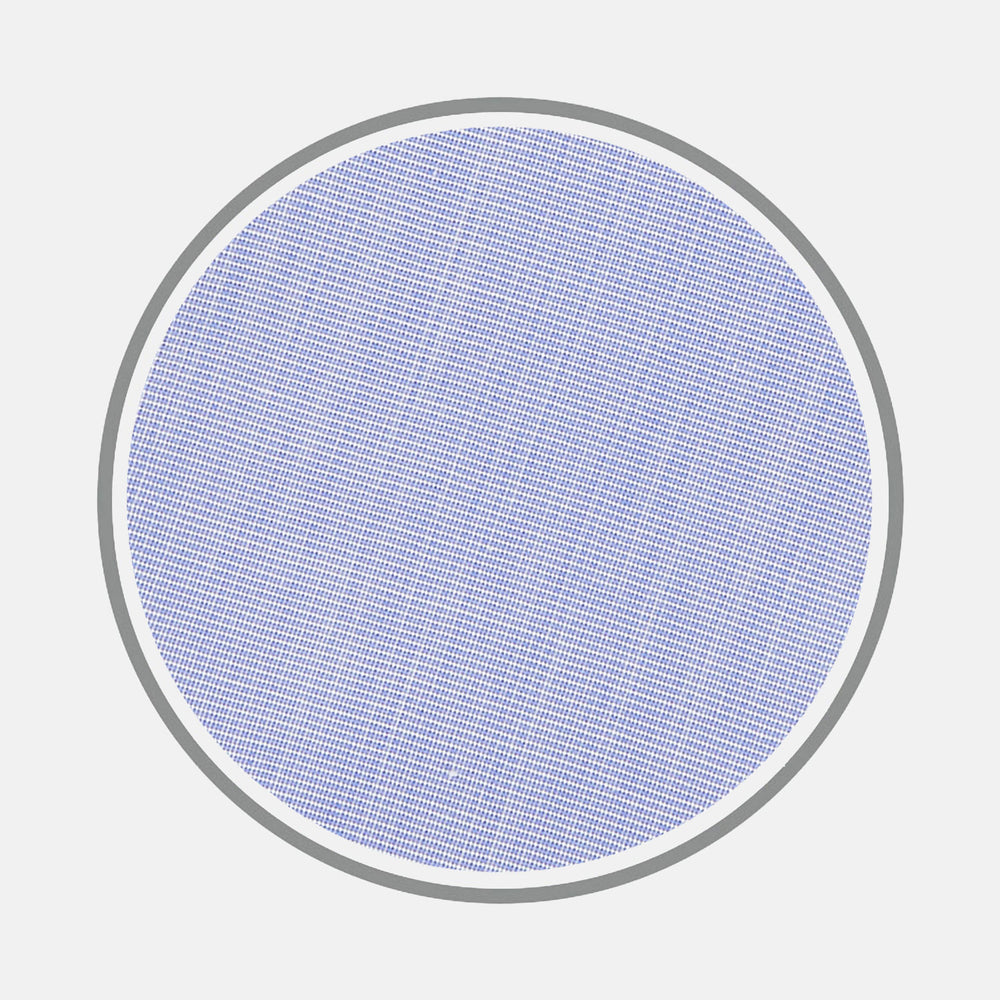 A circular swatch of Turnbull & Asser's Blue End-on-End Cotton Fabric, featuring a fine blue and white grid pattern with a thin gray border on a plain white background.